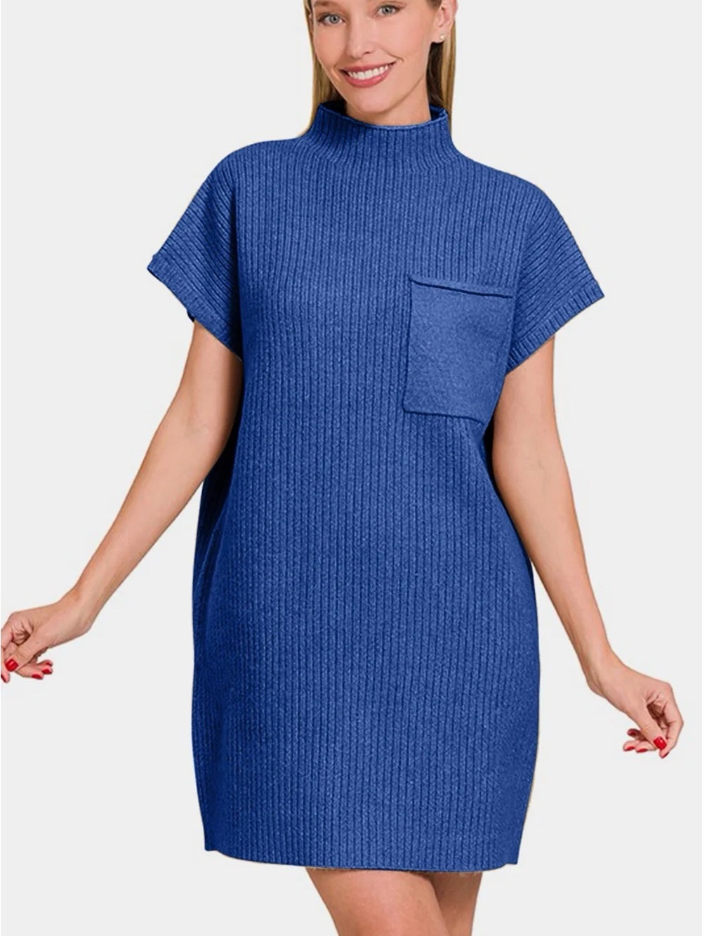 Zenana Blue Ribbed Knit Short Sleeve Pocket Dress